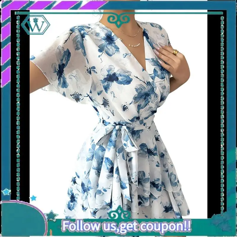 A09P – robe d'été à fleurs pour femmes, col en V, ourlet à volants, Spaghetti, tenues de plage décontractées, robe de soleil fluide, printemps