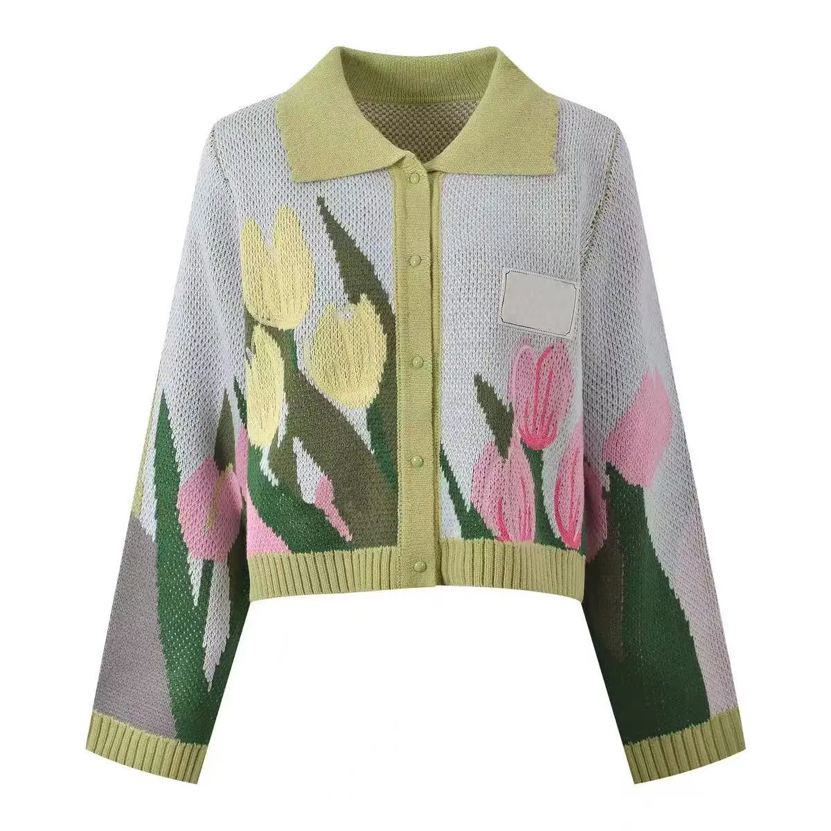 

Новое поступление осени 202, мягкий стильный свитер с цветочным принтом тюльпана, верхняя одежда, модный универсальный вязаный кардиган с короткими рукавами и воротником с лацканами