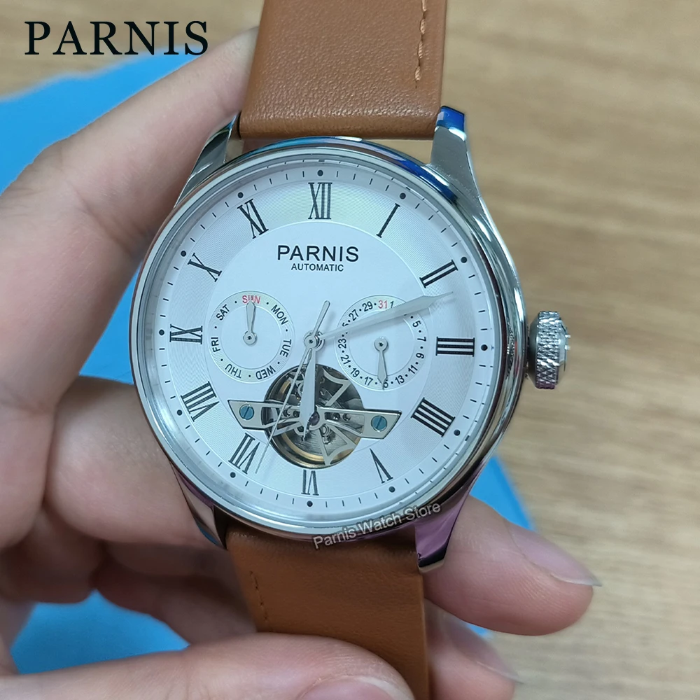 Parnis 43 mm Reserva de energía automática Reloj para hombre Volano Esfera blanca Correa de cuero genuino