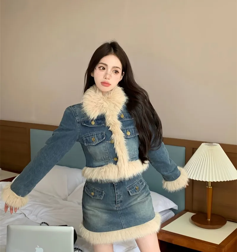 

Джинсовые пальто, женские плюшевые женские зимние пальто с ромбовидным мехом, верхняя одежда на пуговицах с поясом, городские куртки во французском стиле, потертые Highstreet