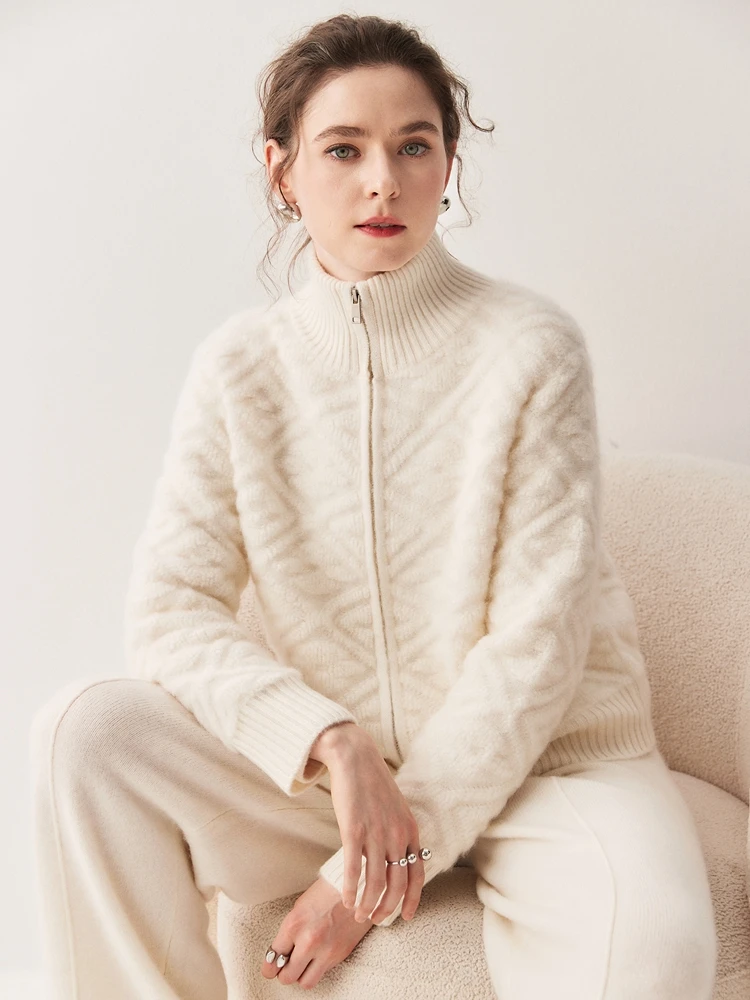 Estilo francês mesmas roupas outono inverno camisola cardigan feminino 100% camisola de caxemira alta pescoço toalha bordado casaco de malha quente