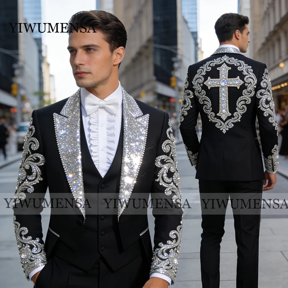 

Luxury Suits Men For Wedding Sparkly Sequin Label Beaded Stones Tuxedos Formal Wear Male Fashion Blazers Customized Attire 2026