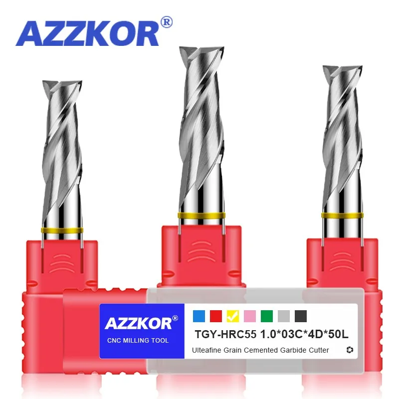 AZZKOR Tungsten Steel Carbide For Aluminu Milling Cutter 2F Color-Ring Coating CNC Mechanical Flat Bottom Endmills TGY-HRC55