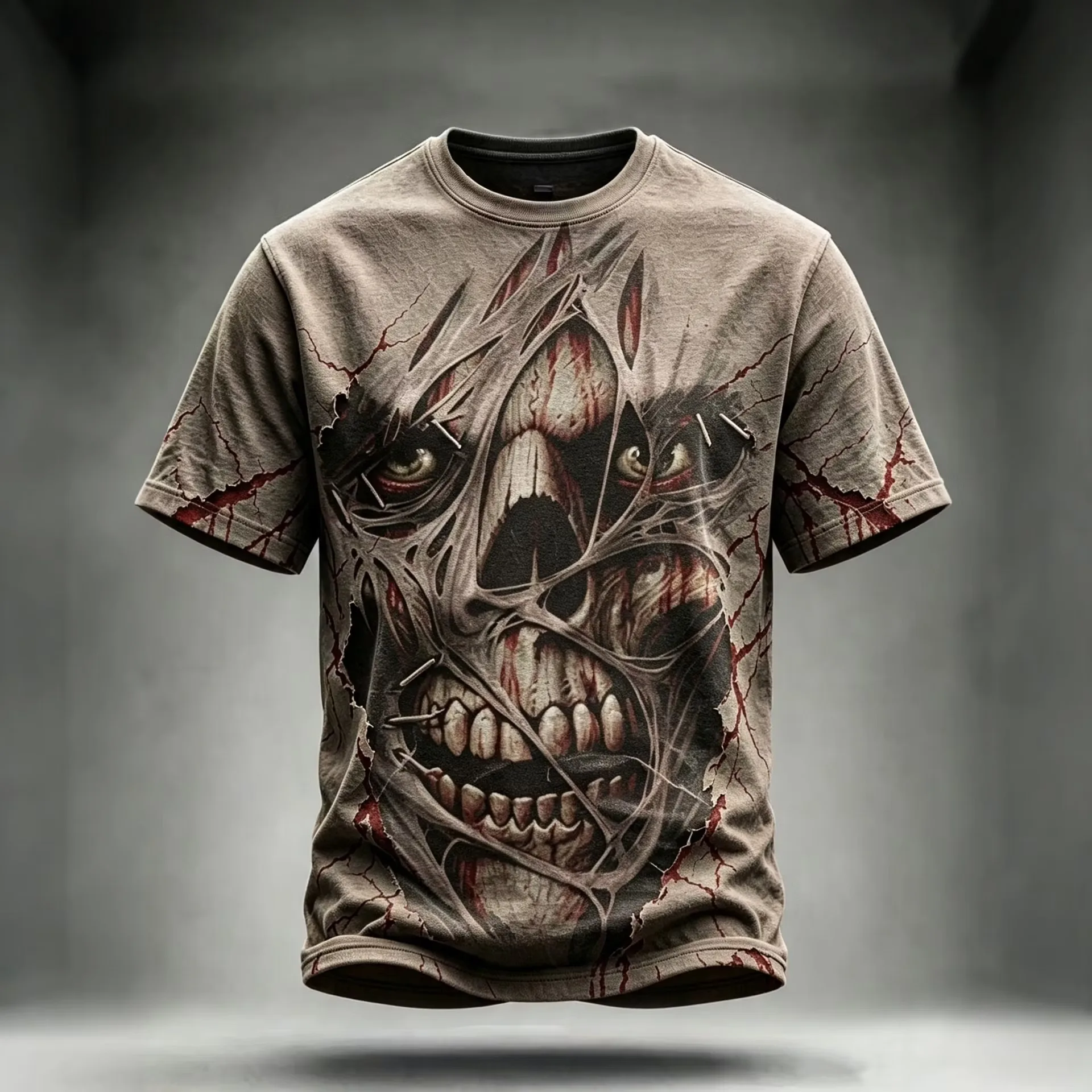 Men 3D Ripped Fabric Zombie Skull Print T‑Shirt Crack Bloody Texture Horror Pattern O‑Neck Short Sleeve Streetwear Tee Tops