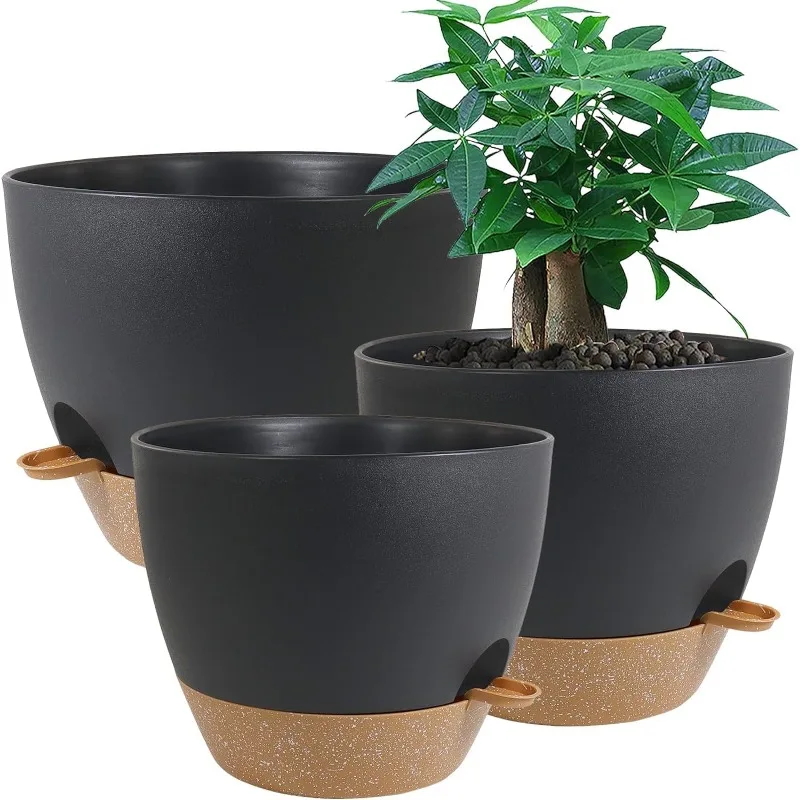 Large Self Watering Pots, 12/10/9 Plastic Planters with High Drainage Holes and Deep Reservoir for Indoor Outdoor Garden Pl