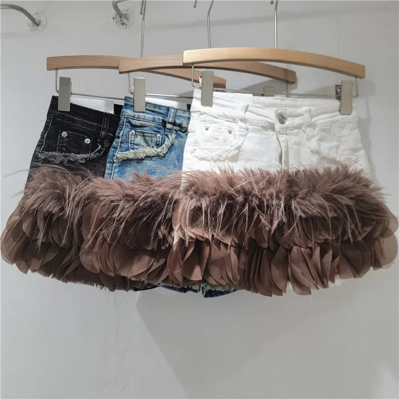 Brown Petal Jeans Skirt Women 2025 Autumn Winter High Waist Bodycon Denim Skirt with Furry Design Patchwork A-line Short Skirt