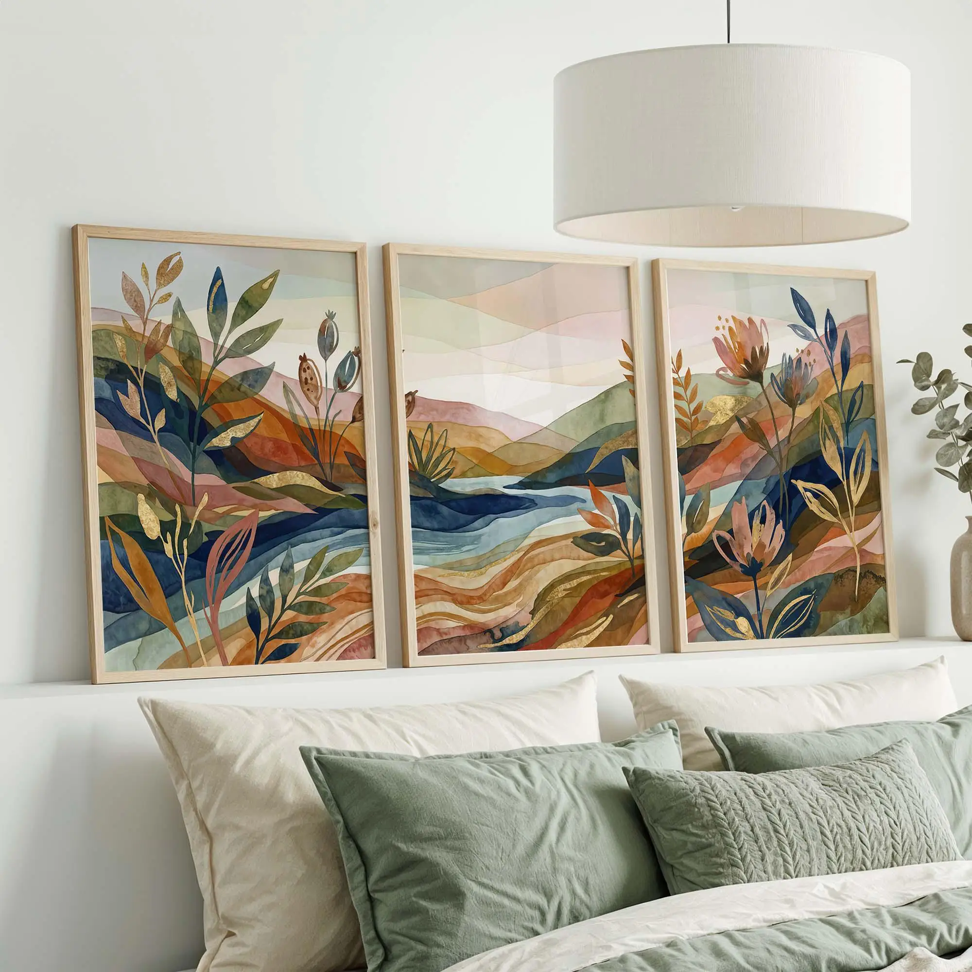 3pcs (No frame),Abstract Landscape Wall Art Set of 3, Boho Watercolor Botanical Prints, Colorful Mountain River Triptych, Bedroo