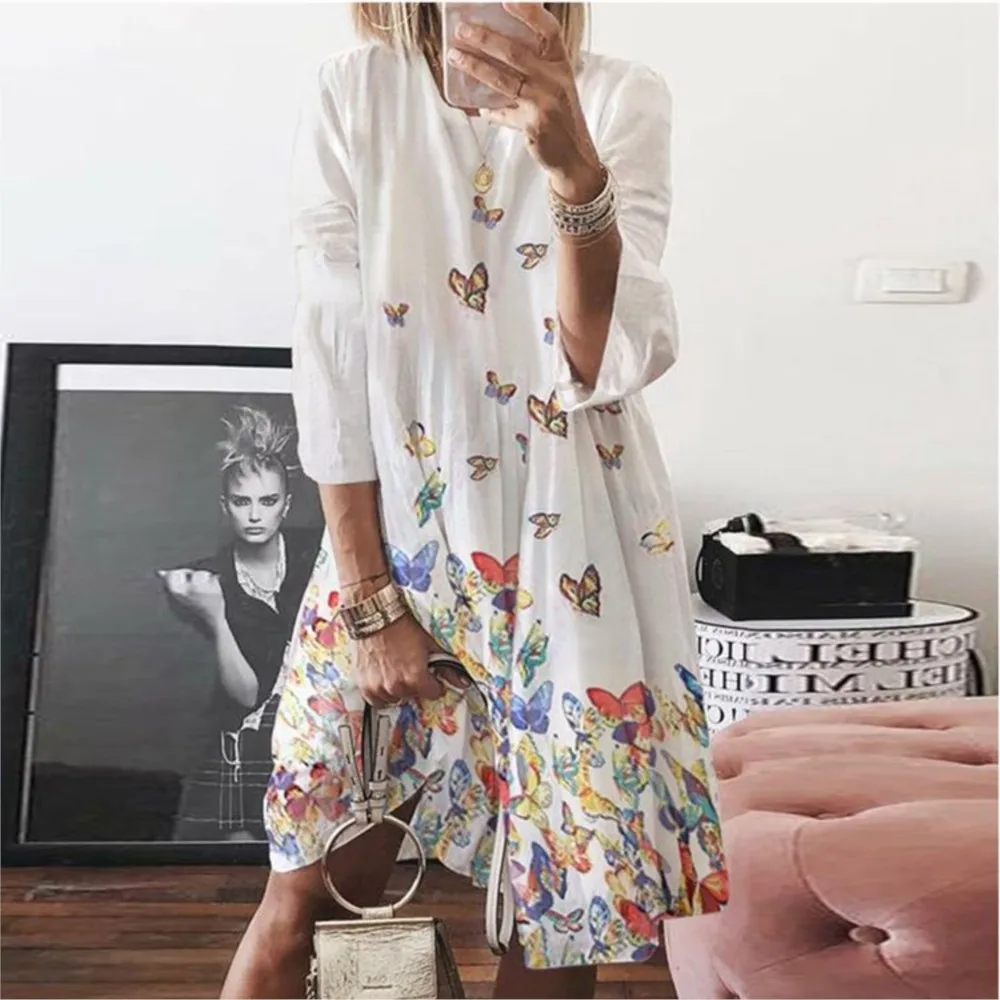 Fashionable Loose Butterfly Printed Large Swing Dress For Women\'s Autumn Digital Print Round Neck Long Sleeved Dress Femme Robe