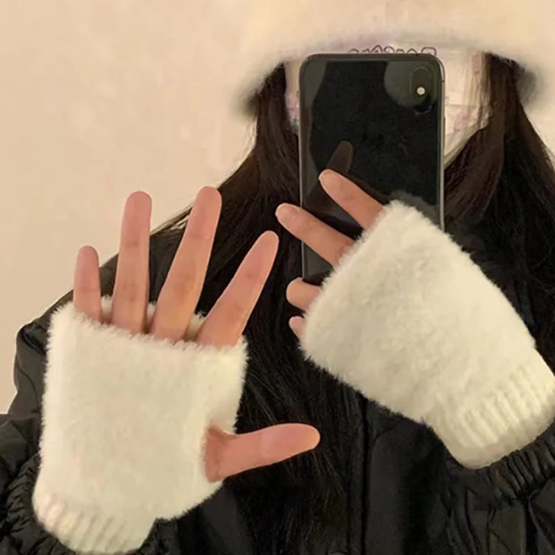 Winter Rabbit Fur Mittens For Women Warm Gloves Girls Cute Plush Glove Fingerless Thicken Warm Mitten Work Gloves Half Finger