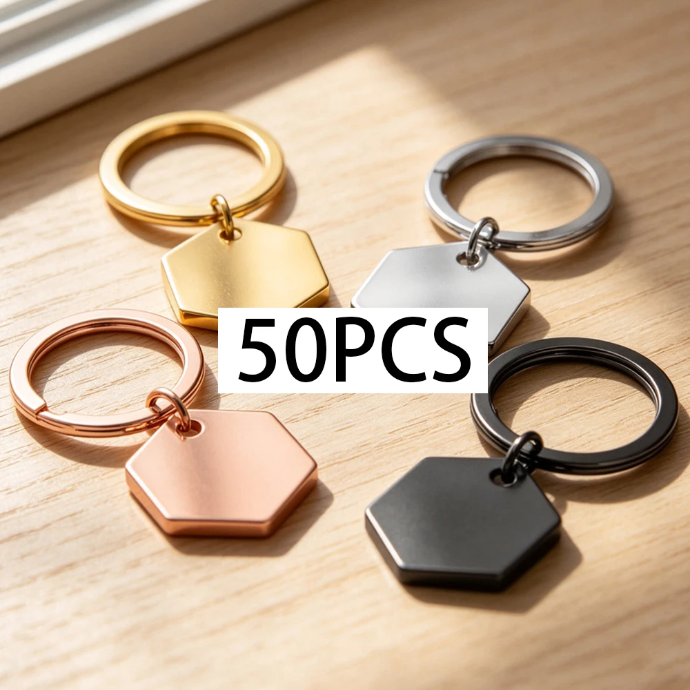 50 Stück Sechseckige Edelstahl-Haustier-ID-Tags, Individuell Gravierte Schlüsselanhänger, Personalisierte Anti-Verlust-Hunde- und Katzenhalsband-Tags, Blanko-Metall-Schlüsselringe