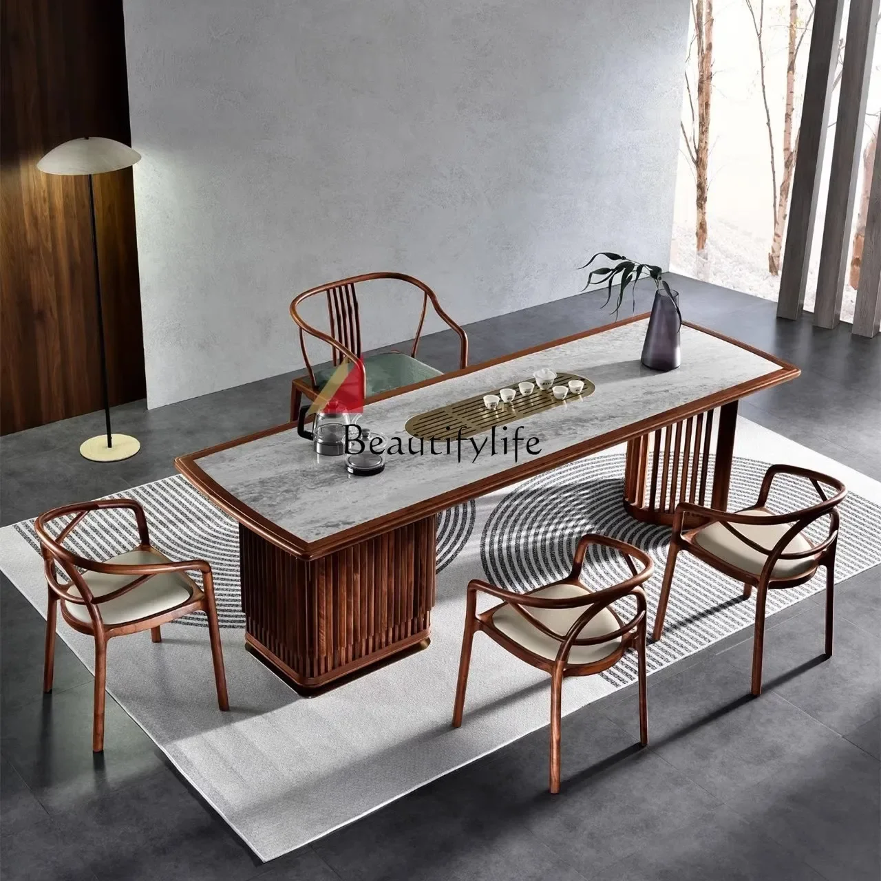 

yj5New Chinese Style Table-Chair Set Solid Wood Stone Plate Simple Tea Table