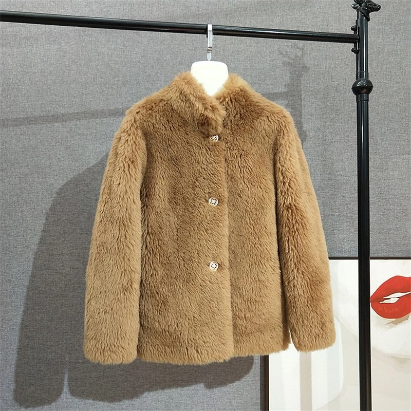 

Hot Sale Lady Sheep Shearling Warm Jacket Winter Women Female Stand Collar Real Wool Fur Coat JT342