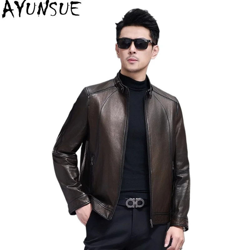

AYUNSUE 2025 High-end Genuine Sheepskin Vintage Leather Jacket Man Stand Collar Slim-fit Real Leather Coat Short Leather Jackets