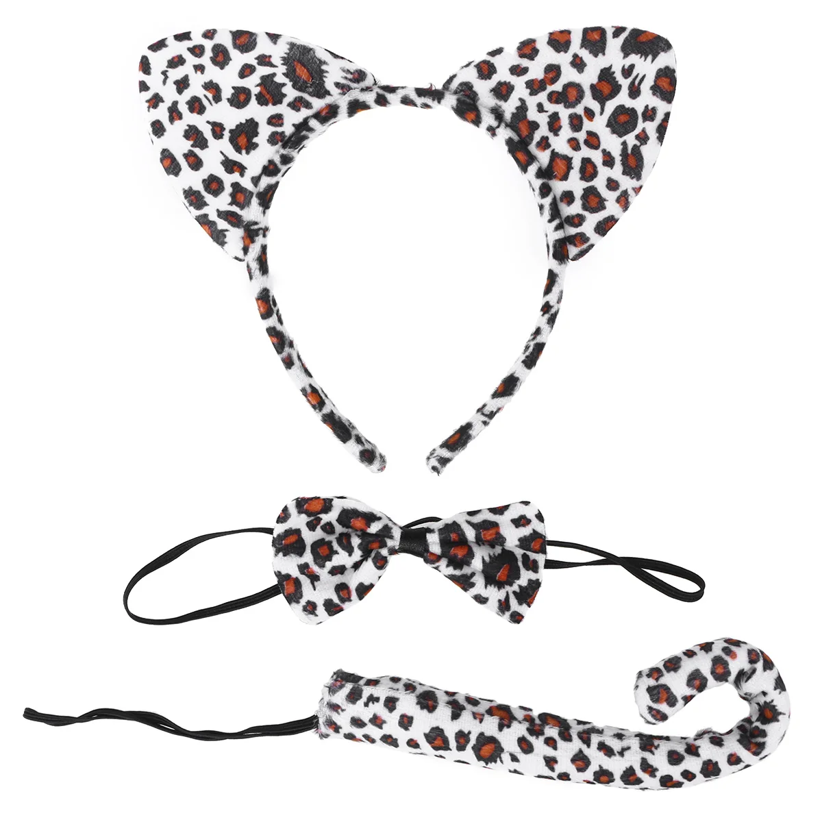 Set di costumi cosplay per gatti da 3 pezzi, stile cartone animato, fascia per capelli, farfallino, coda, stampa leopardata bianca, accessori carini