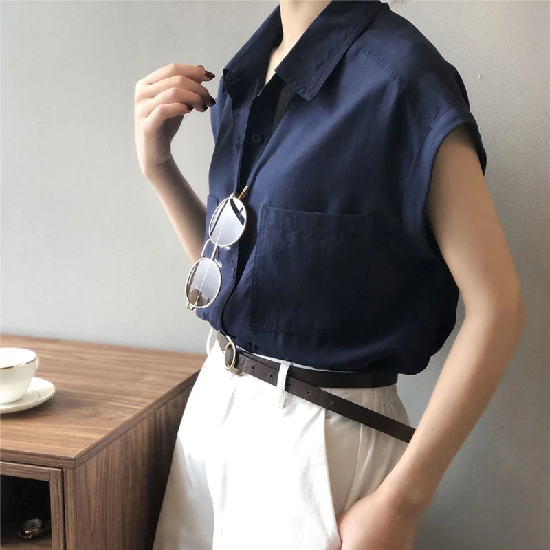 Women Vintage Simple White Button Up Shirt Summer Trendy Short Sleeve Loose Chic Blouse Y2K Streetwear Cotton Tops Blusas Mujer