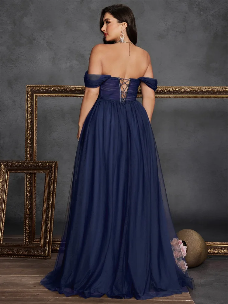 Plus Size Elegant Sleeveless Tulle Square Collar Applique Slit Evening Dresses Luxury Formal Bridesmaid Family Party Prom
