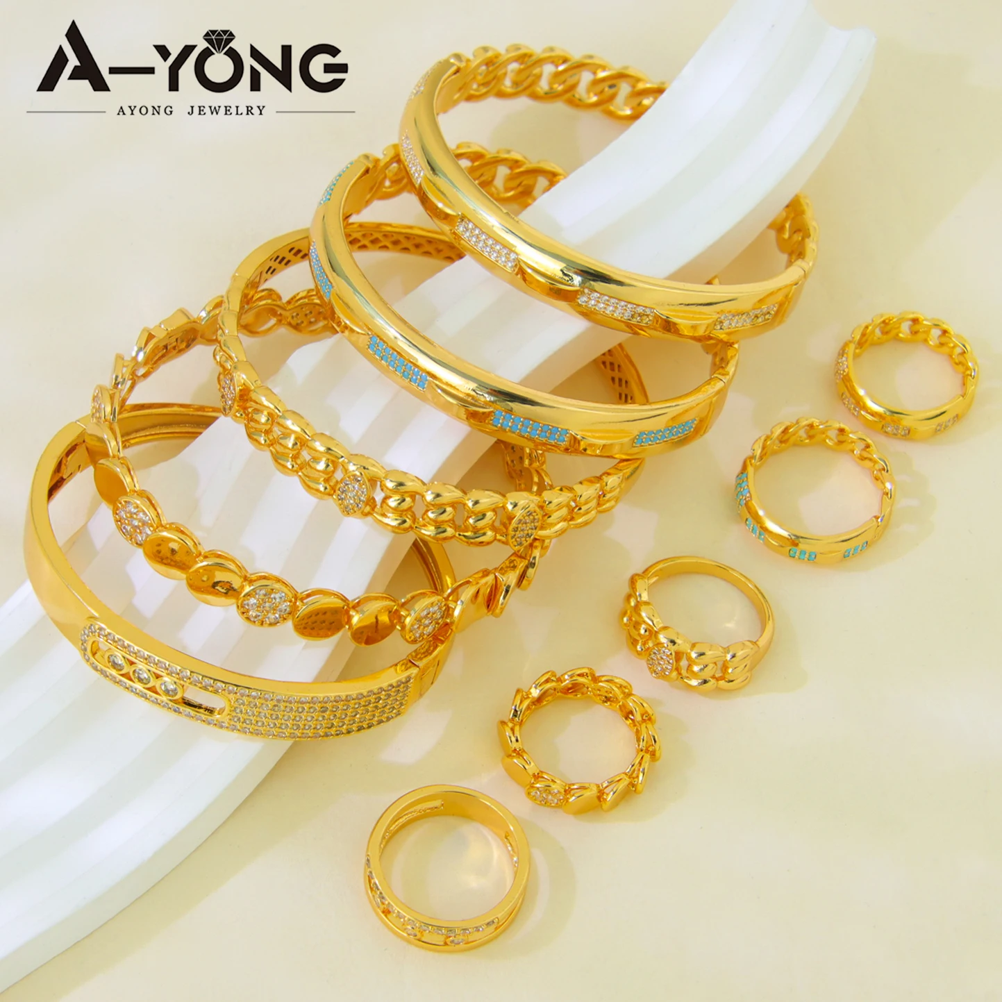 

Luxury Brazilian Gold Jewelry Bangles Ring Set 21k Gold Plated Italian Shiny Zircon Bracelet Dubai Women Wedding Jewelrys