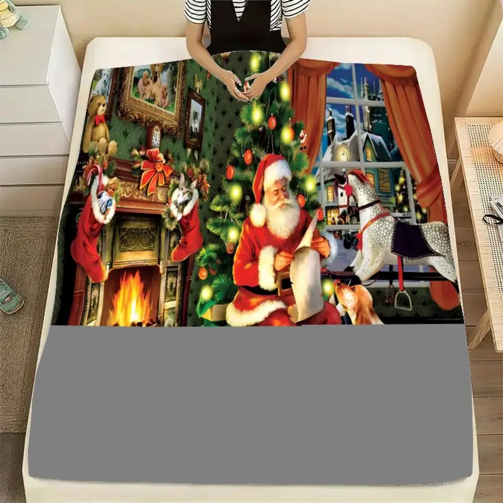 Cozy Christmas Scene Blanket - Warm Red and Green Holiday Throw Featuring Santa Claus, Decorated Tree, and Festive Fireplace - P