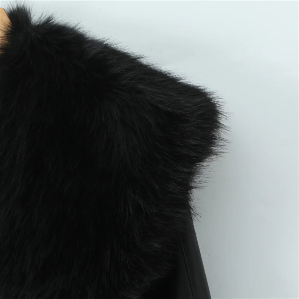 Outono e inverno novas roupas femininas moda temperamento grande gola de pele cintura cinched manga comprida jaqueta de couro