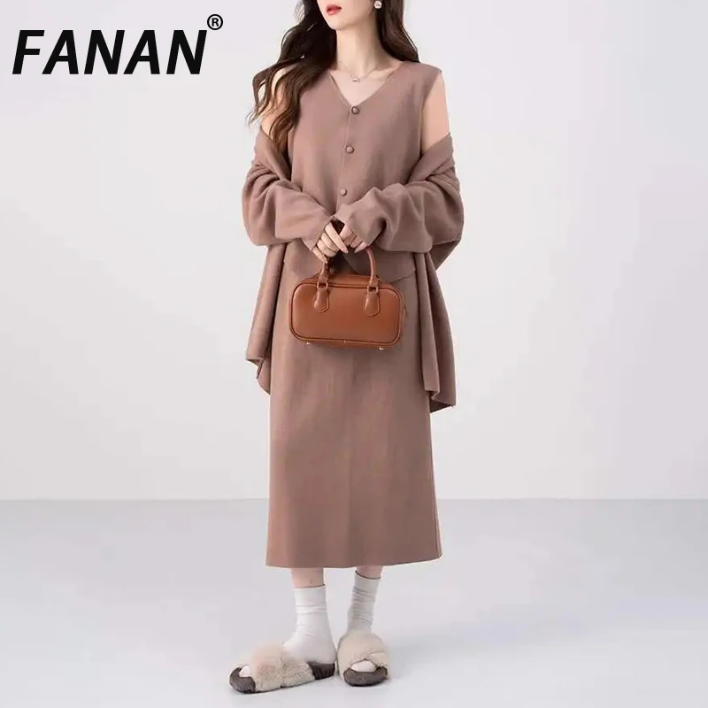 

FANAN офисный женский вязаный комплект из 3 предметов, женский однобортный жилет с v-образным вырезом + кардиган, пальто + юбки с высокой талией, новинка осени 2023 г.