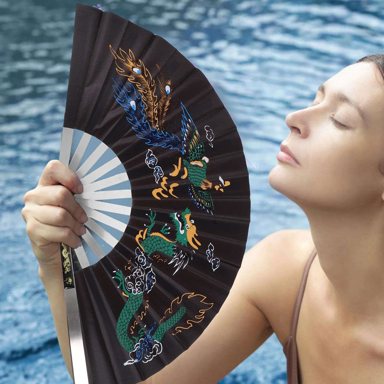 

Dragon Phoenix Peony Fans Foldable Dancing Hand Fans Silk Chinese Kung Fu Metal Decorative Home Luck Storage Gift
