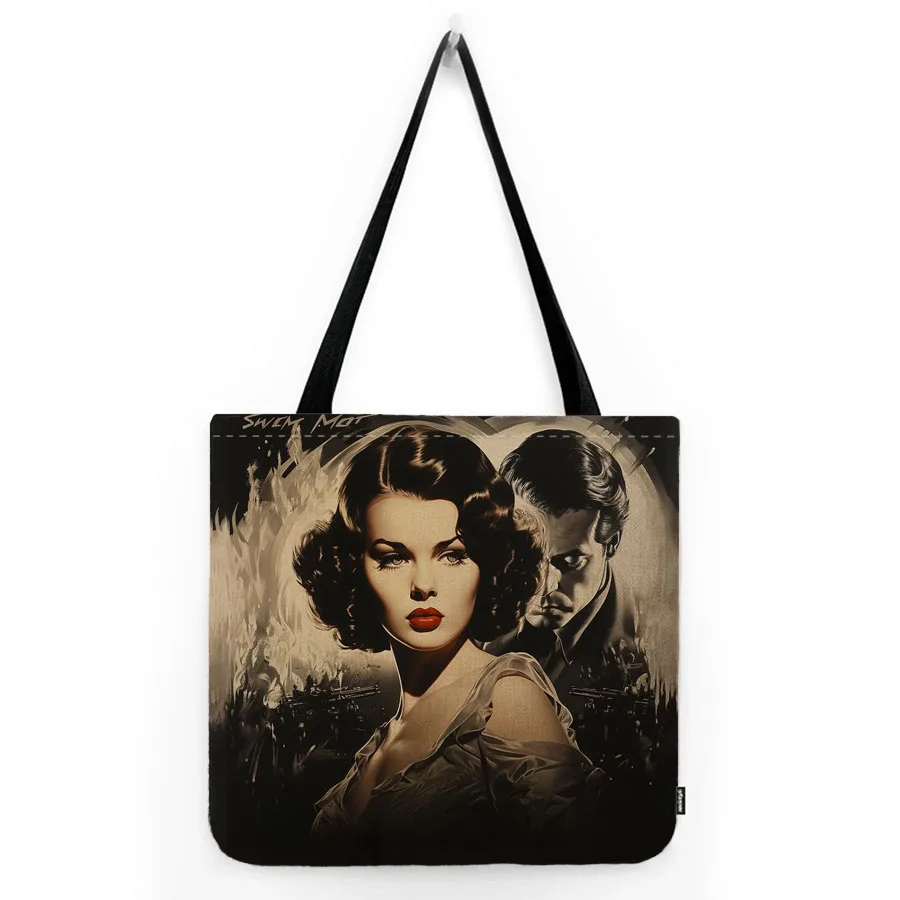 1940‘s Vintage Retro Noir Style  Movie Poster Elegant Lady Beautiful Woman Water Resistant Linen Shoulder Bag Fashion Tote Bag