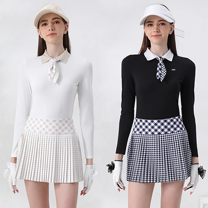 

Golfist New Golf Women Long-sleeved Tops Lapel Polo Shirts with Bowtie Ladies Fashion Plaid Golf Skirts Slim Pleated Skort Suit