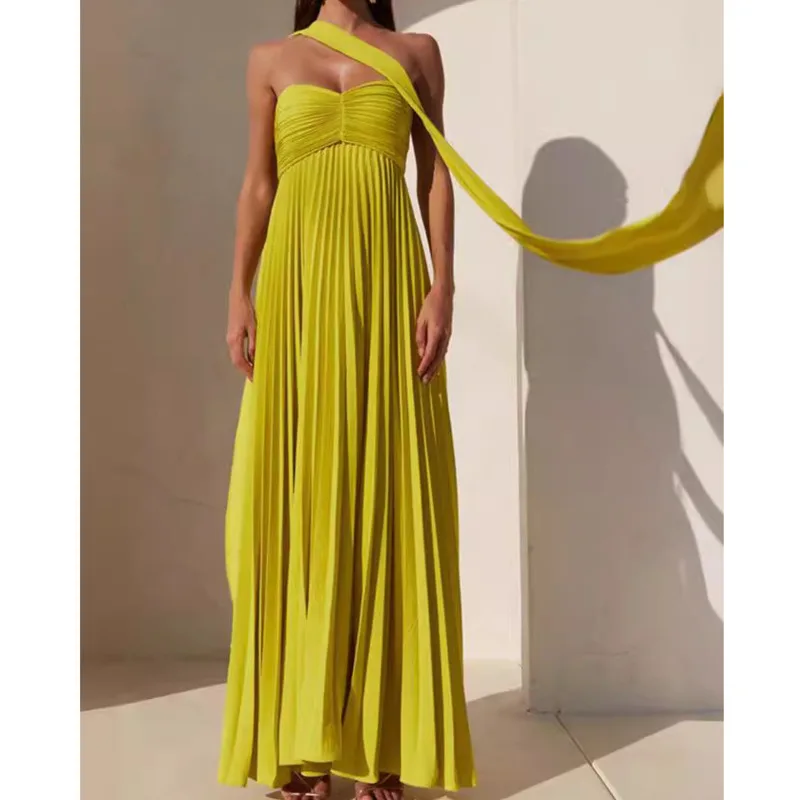 Robe Maxi Plissée Sans Bretelles pour Femme, Tenue de Soirée Sexy à la Mode, Couleur Unie, Dos aux, Taille Haute, Été 2024