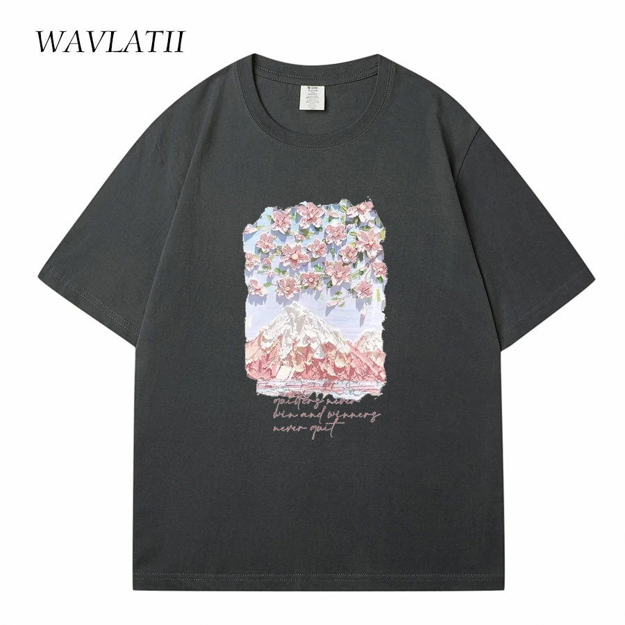 WAVLATII Women 100% Cottom Summer T shirts Female Lavender Streetwear Printed Tees Lady Green Casual Short Sleeve Tops WT2328