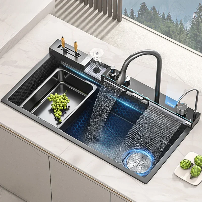 

Stainless Steel Kitchen Sink Embossed Multifunctional Waterfall Wash Basin with Knife Holder Farmhouse Large Single Bowl