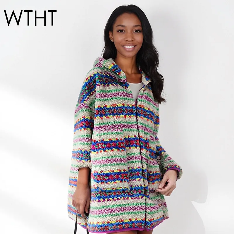 

WTHT Trendy New Women's Colorful Woolen Fake Fur Loose Coat 2025 Winter Fashion Hooded Long Sleeves Jacket Female 1LS2682