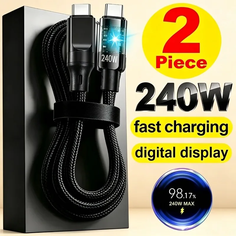 1-2Pcs 240W Nylon USB C PD Super Fast Charging Data Cable with LED Digital Display Dual Type C Quick Charge Data Cords 1M 2M