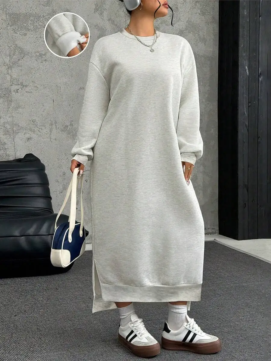 

Платье-толстовка из флиса большого размера для женщин, повседневная одежда на осень-зиму