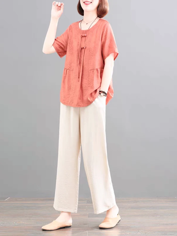 

Casual retro two-piece set women retro round neck button short sleeved loose fitting shirt versatile straight leg pants