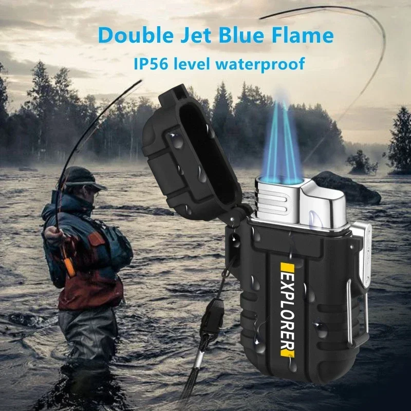 Outdoor Waterproof Lighter With Lanyard Portable Blue Flame Jet Lighter Butane Turbo Cigar Lighter Camping Wading Men\'s Gift