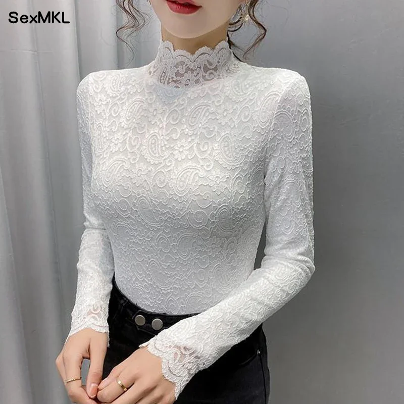 

Women Lace Tops and Blouses White Black Korean Fashion Clothing Slim Casual Blusas Thick Autumn Winter Basic Sexy Blouse Elegant