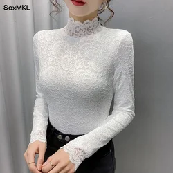 Women Lace Tops and Blouses White Black Korean Fashion Clothing Slim Casual Blusas Thick Autumn Winter Basic Sexy Blouse Elegant