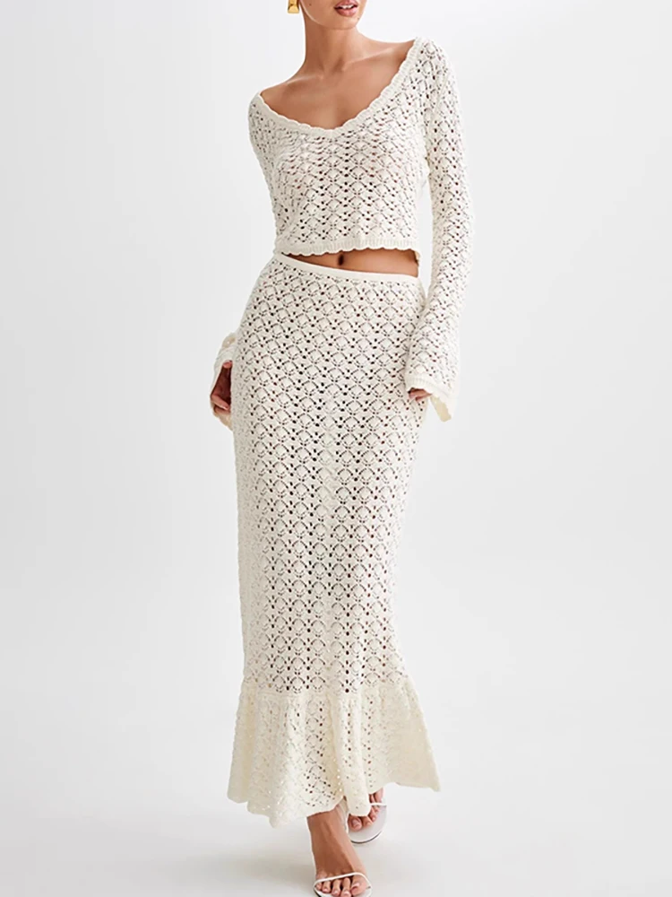 

Повседневный однотонный тонкий костюм из 2 предметов с длинным рукавом Элегантный пуловер с v-образным вырезом и длинная юбка Комплект женской модной вязаной юбки с вырезами