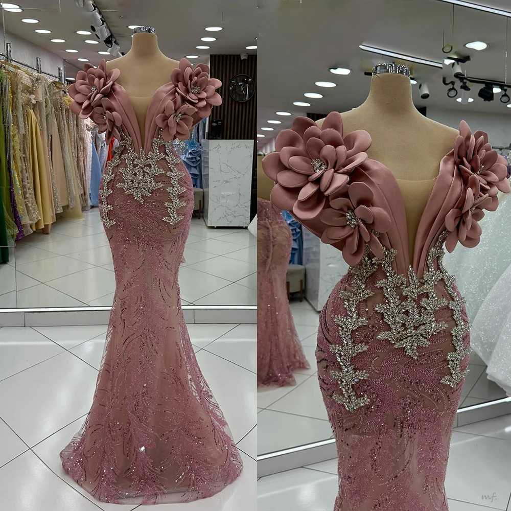 

Customized Pink Heavy Beaded Evening Dresses Dubai Hand Made Flowers Crystal Prom Events Party Gowns