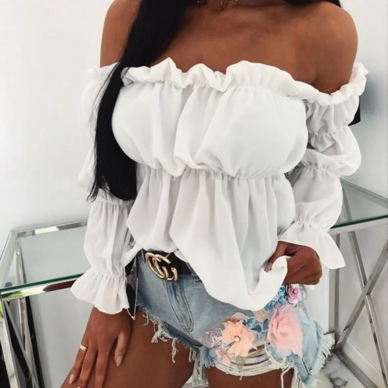 Summer Off Shoulder Blouse for Women Long-sleeved Lace Frill Ruched Pullover Tops Korean Style Fashion Solid Color Lady Shirts