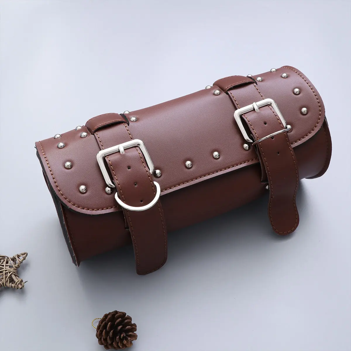 Motorcycle Fork Bag Brown Waterproof PU Rivet Cruiser Pack Car Head Bag Tool Package Holder Spacious Storage Holder