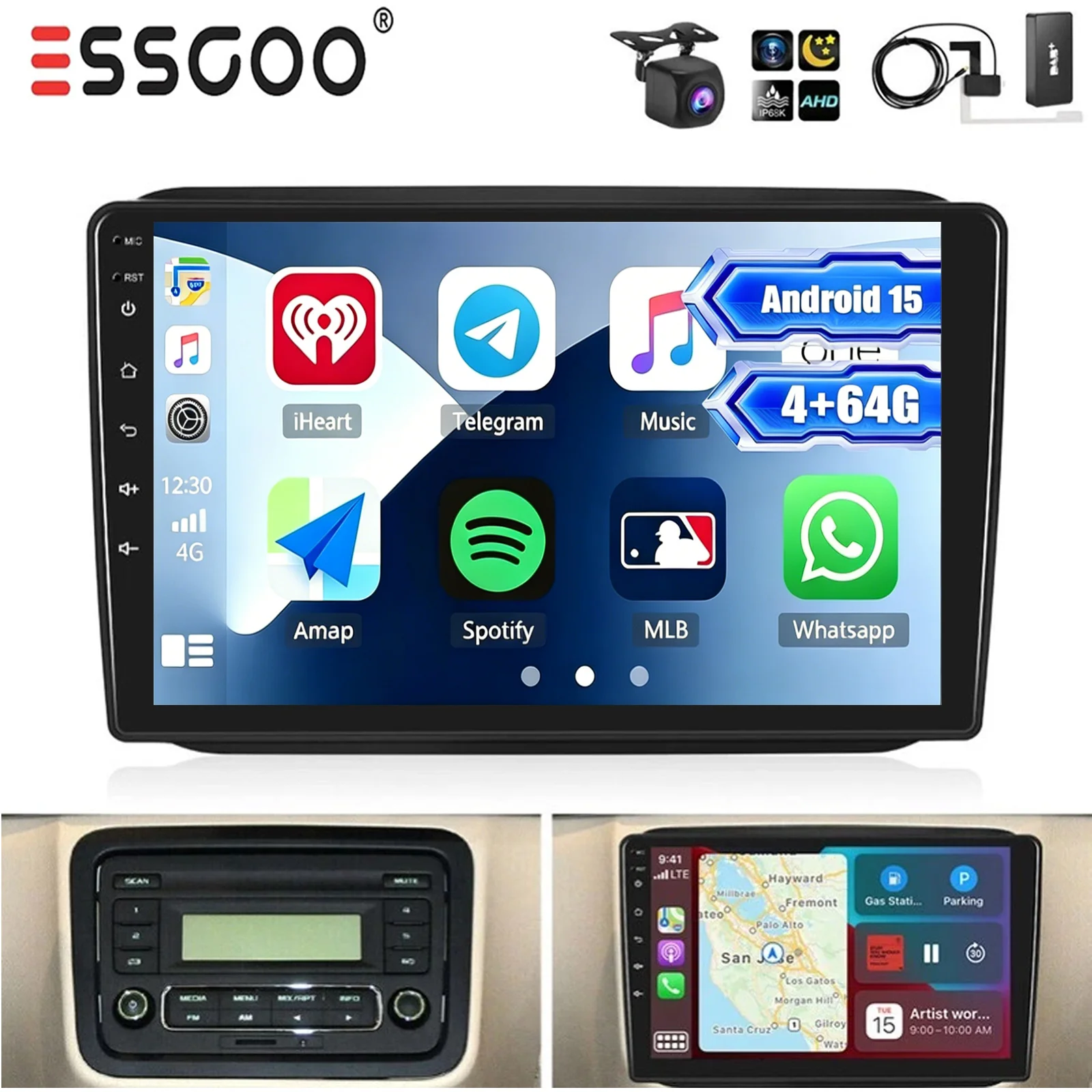 ESSGOO 10,1" Autoradio mit Android, 4 GB RAM und 64 GB Speicher für Skoda Fabia 2 542 (2008–2014), CarPlay, Multimedia-Player, GPS, QLED-Bildschirm, WLAN und ASP
