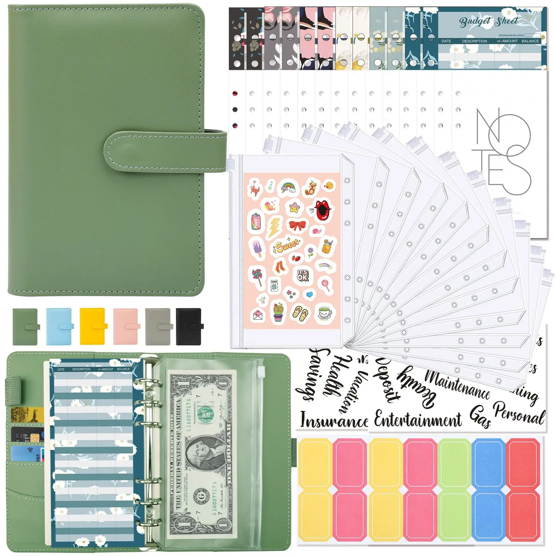 A6 Binder Budget Planner Notebook Covers Folder A6 Size 6 Hole Binder Pockets Plastic Binder Zipper Money Saving Envelope