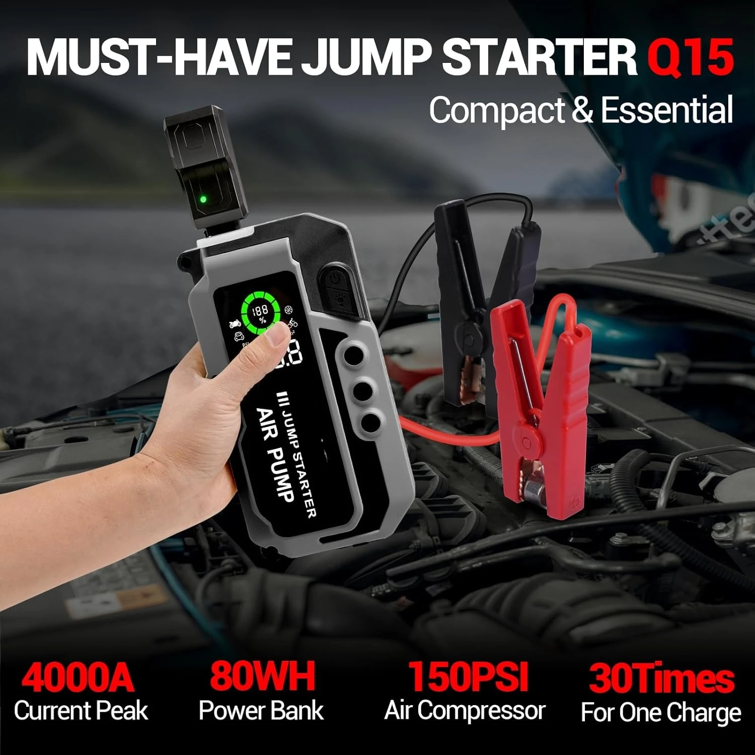 Jump Starter with Air Compressor, 4000A 150PSI Car Battery Jump Starter Portable for Up to 10L Gas 8L Diesel Engine