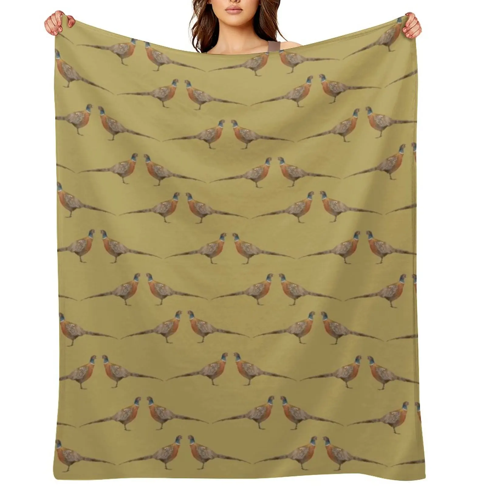 

Pheasant Pattern, Mustard Throw Blanket Thermal Flannel Fabric Custom Beautifuls Blankets