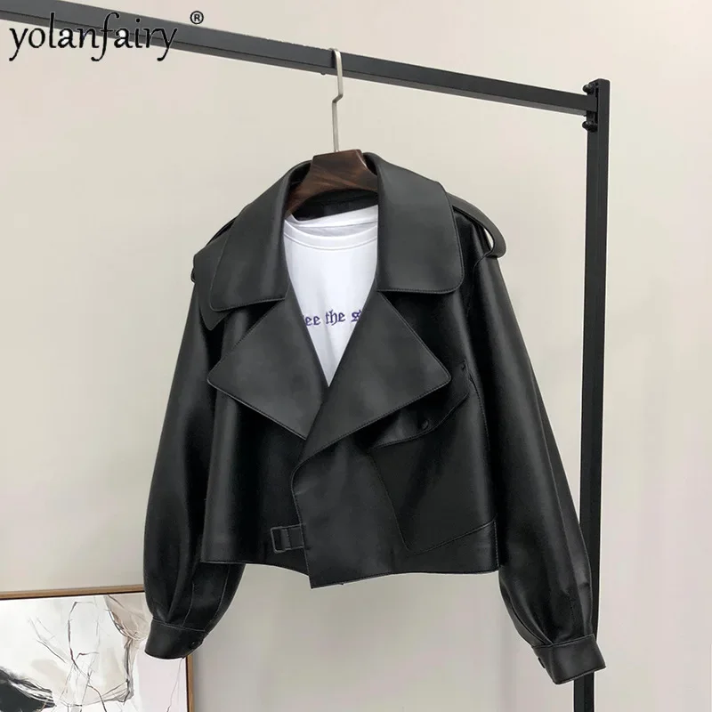 YOLANFAIRY Trendy Large Collar Leather Jacket Women's Short Real Sheepskin Trech Coats Female New in Outwears Korean Fashion