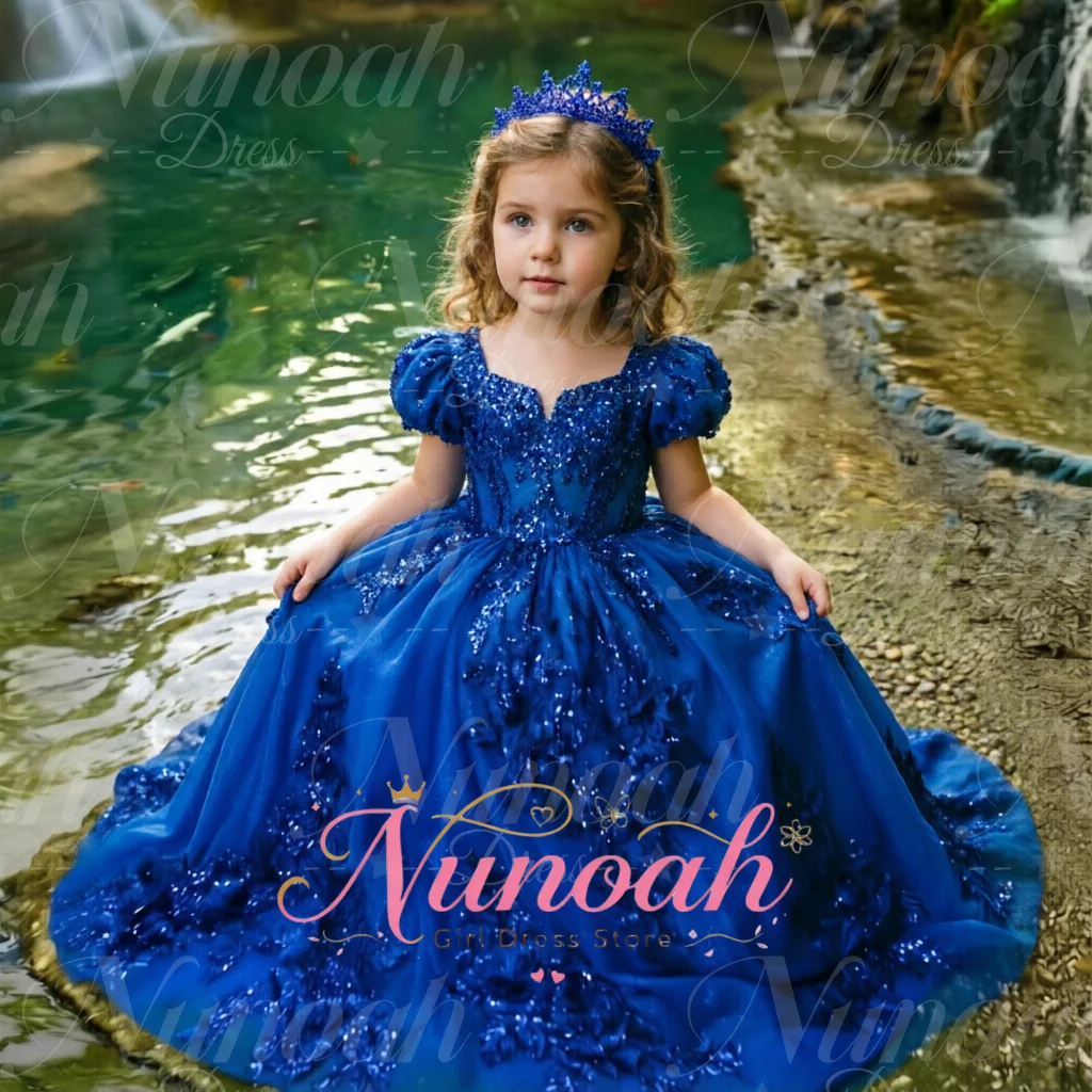 Royal Blue Princess Flower Girl Dress for Wedding Lace Appliques Puffy Sleeves Sequins Formal Prom Girls Birthday Pageant Dress