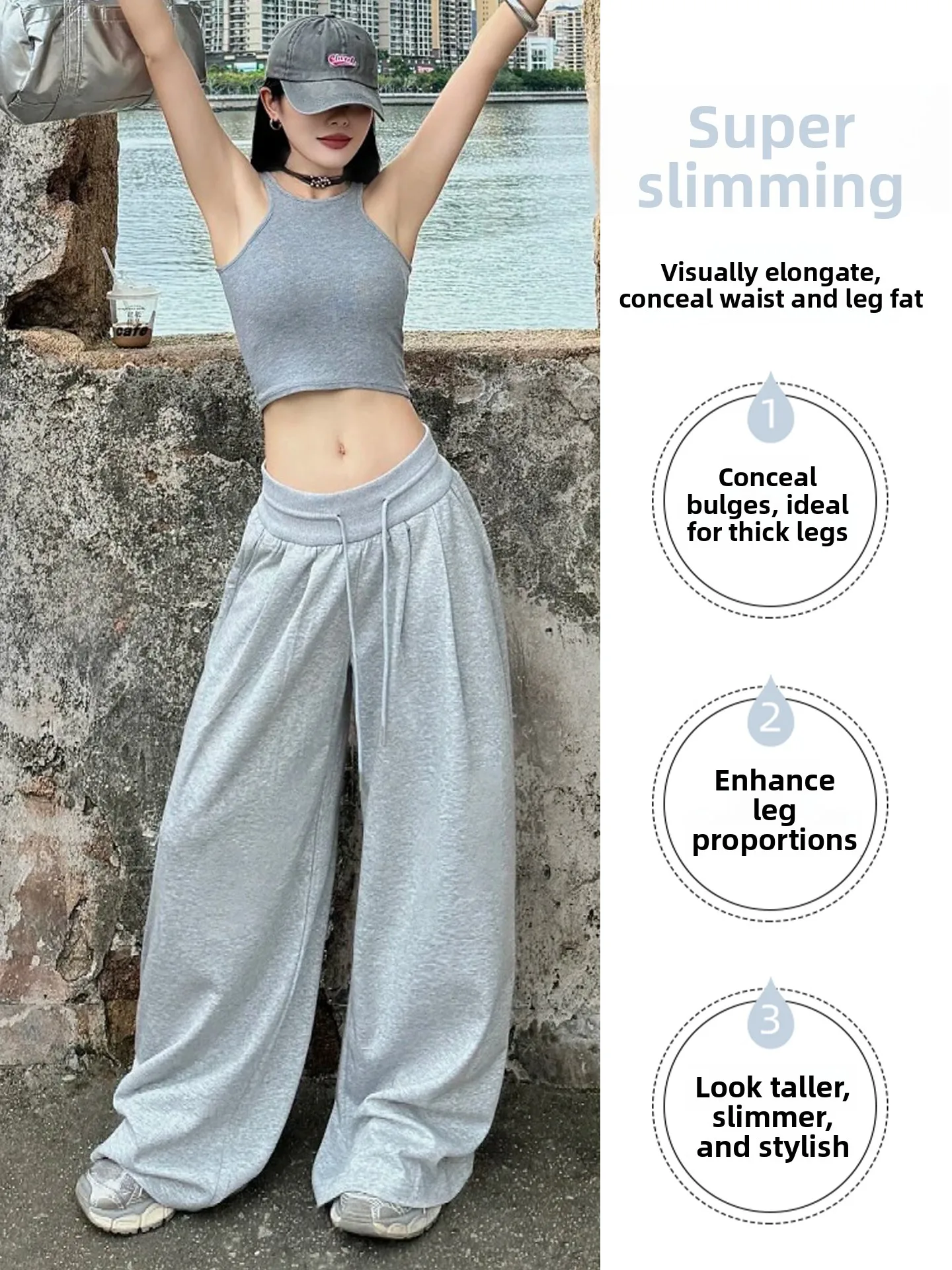 Pantaloni sportivi casual American Sle Pantaloni a gamba larga larghi drappeggiati a vita bassa da donna Primavera Autunno Nuovo arrivo Taglia piccola