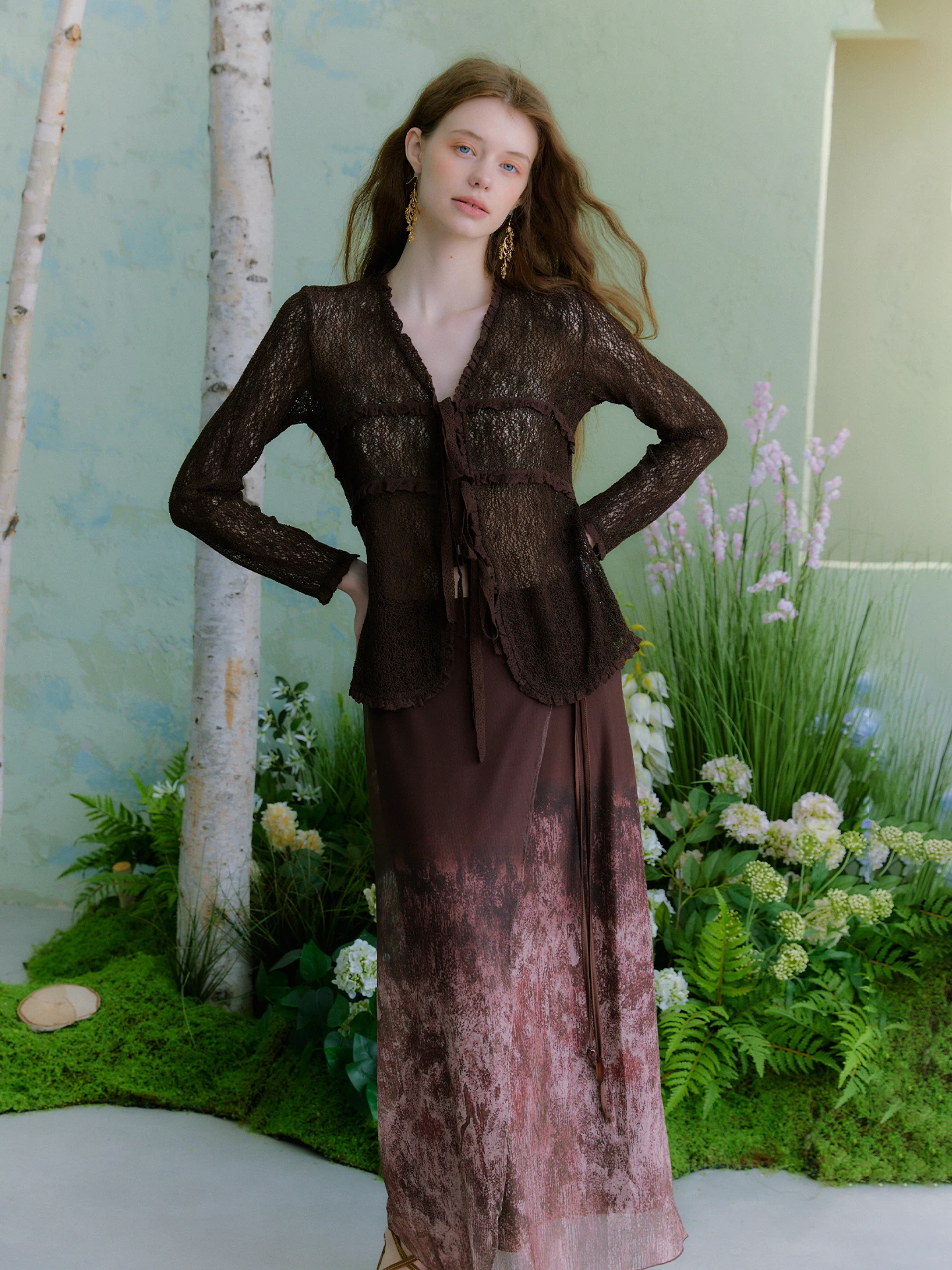 

Retro Style Coffee Brown Lace Knitted Open Cardigan Women's Spring Top with Wood Grain Soft Stretchy Fiber Long Sleeve V...