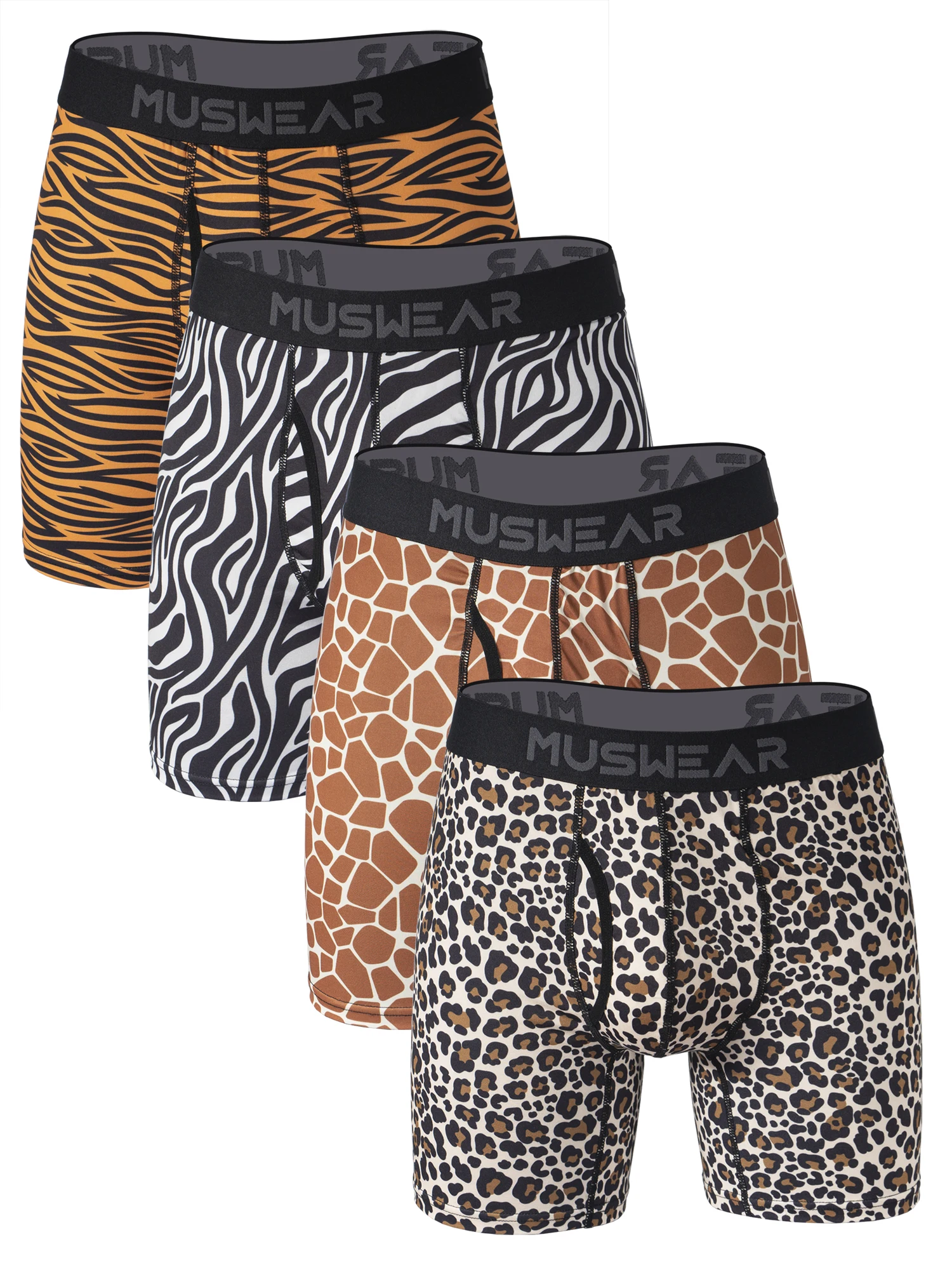

MUSWEAR 4 шт. мужских трусов-боксеров с боковым вырезом, двусторонняя начесная ткань, высокая эластичность, принт по всей поверхности, широкий пояс, быстросохнущие